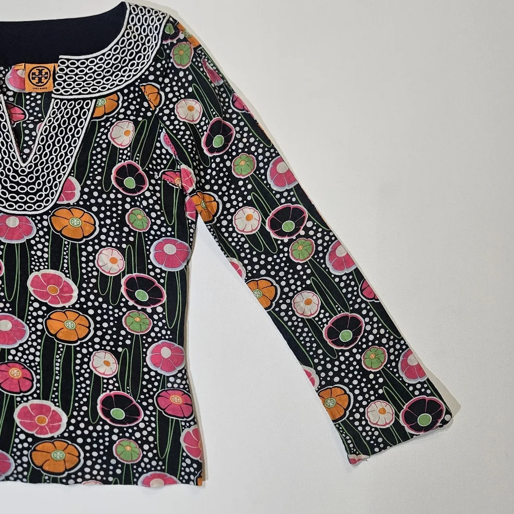 Tory Burch Tunic Top Womens 4 Orange Black‎ Floral Poppy Polka Dot 60s Retro